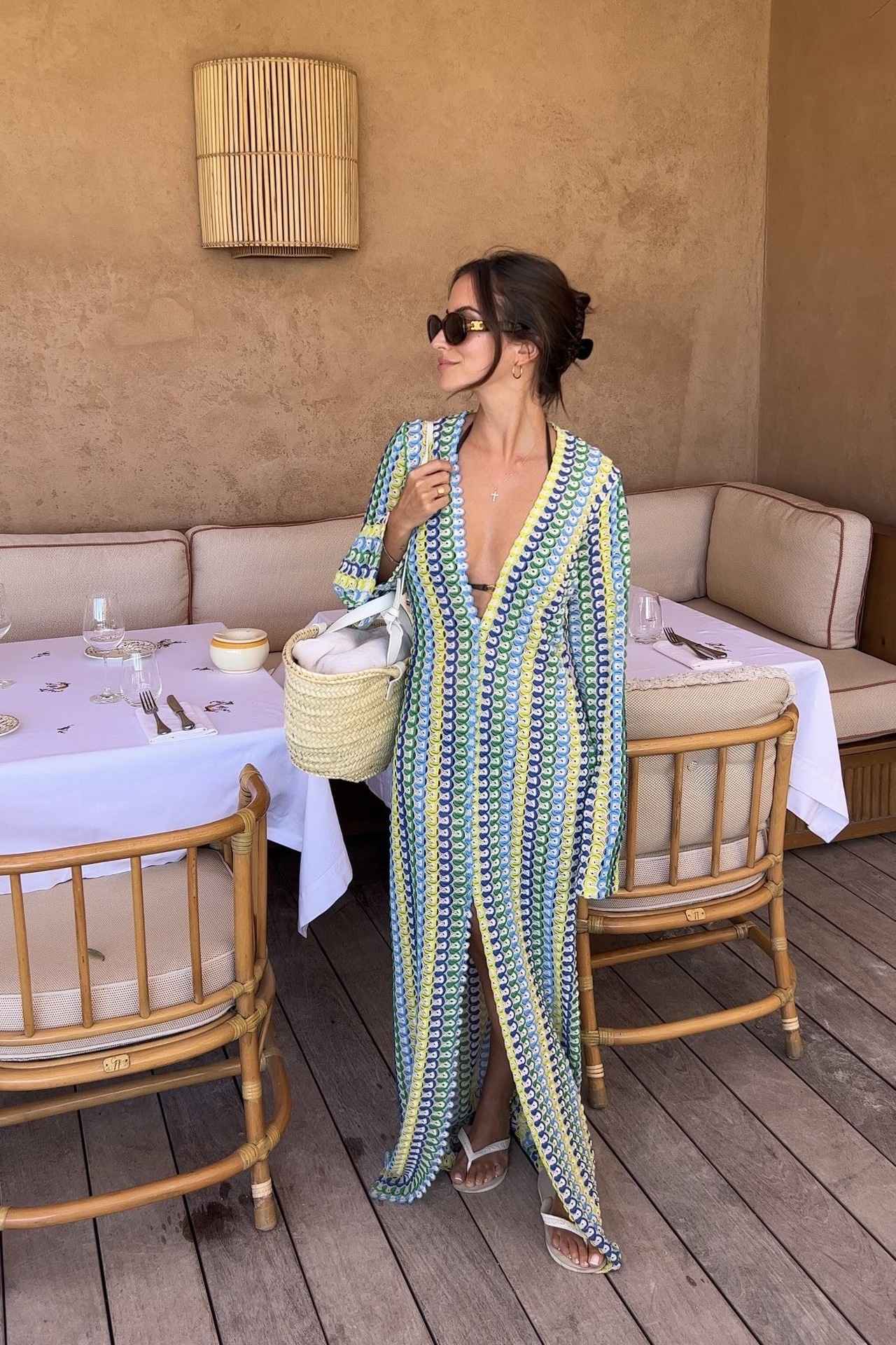 Crochet Colorful Stripe Maxi Dress Women Flare Sleeve V-neck High Split Sexy Lon