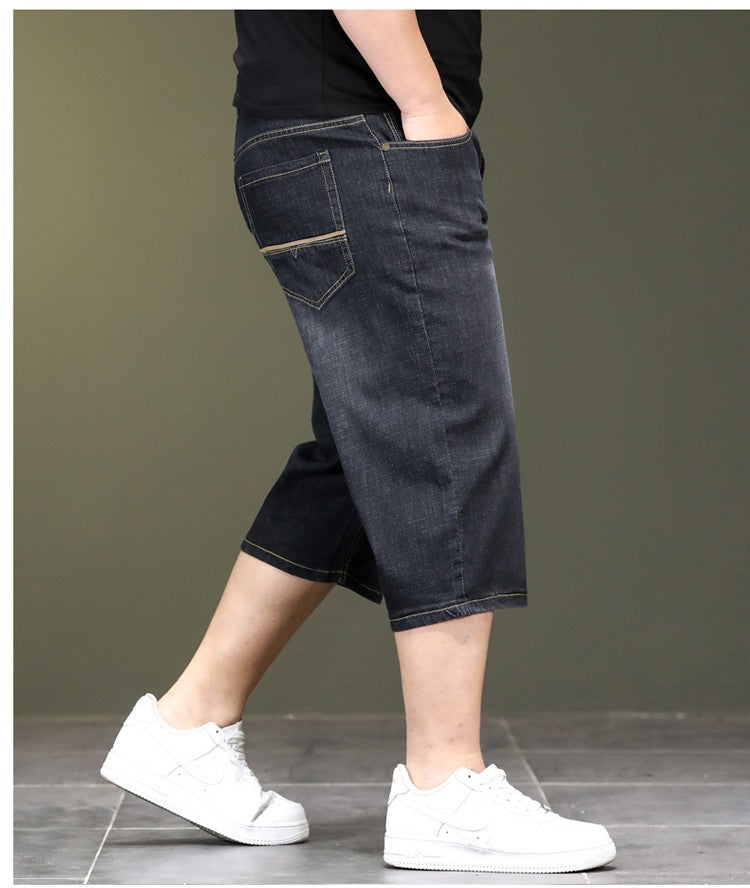 New Big Size Long Length Men's Shorts Loose Stretch Jean Bermuda Male Thin 3/4 Capris Summer Light Large Plus Fat Denim Breeches