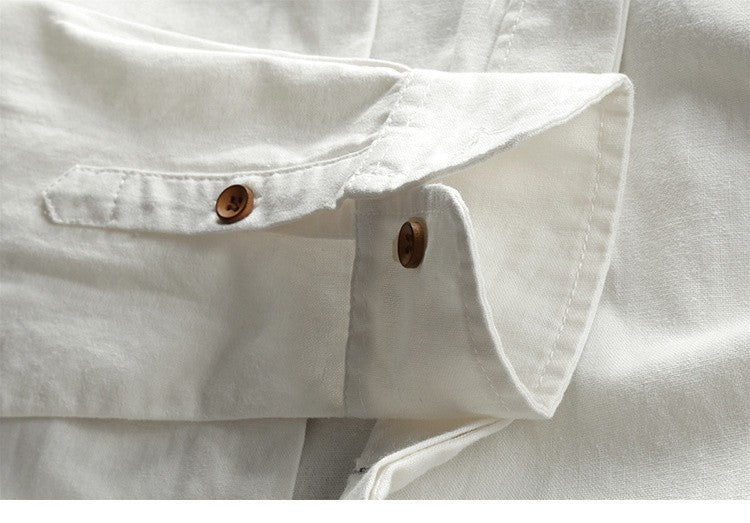 Japan Style Mens Linen Cotton Shirt Harajuku Stand Collar Long Sleeve Slim Fit Solid Color Male Casual Breathable Classical Tops