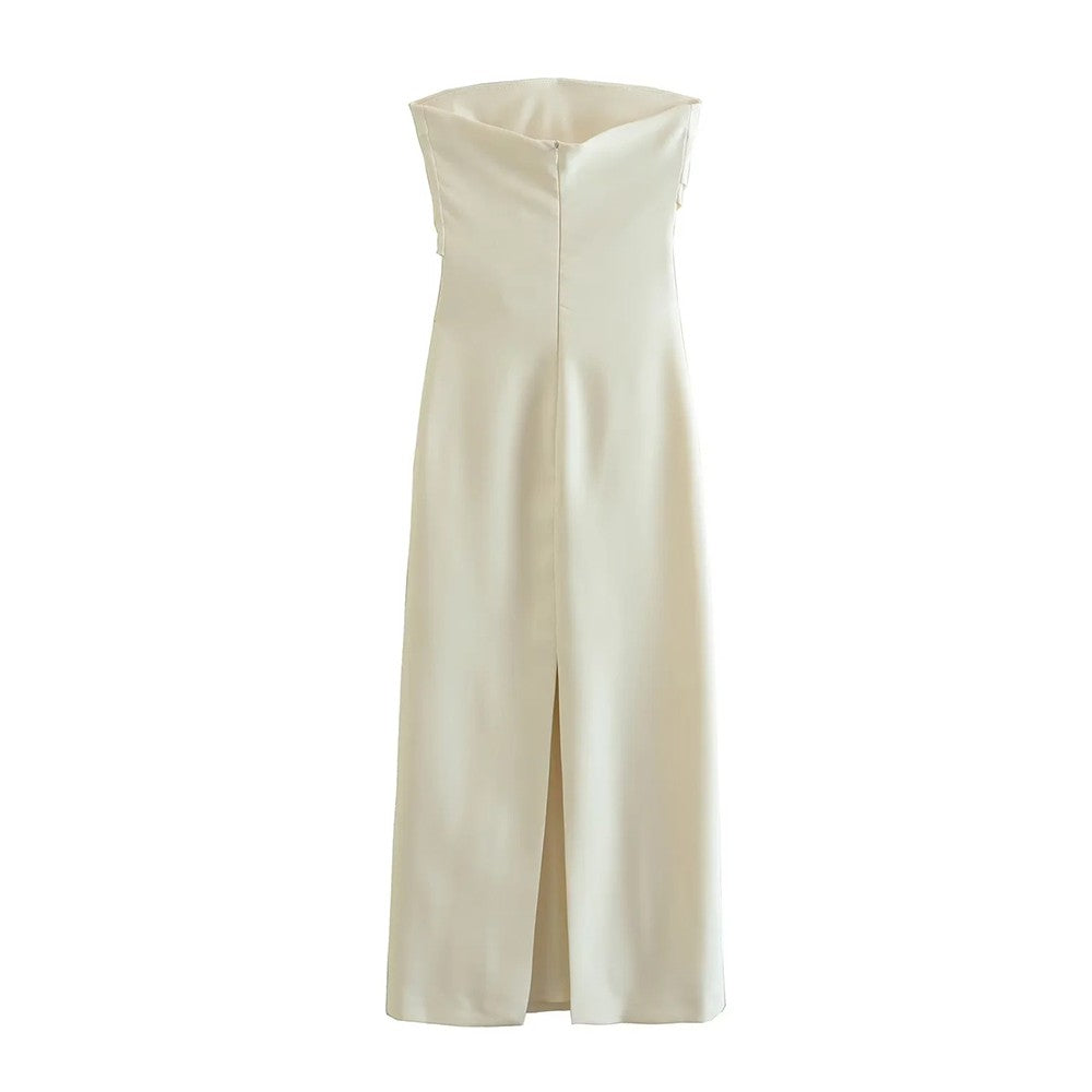 TRZA Women Fashion Strapless Gathered Midi Dress Sexy Straight Neck Back Slit Fe