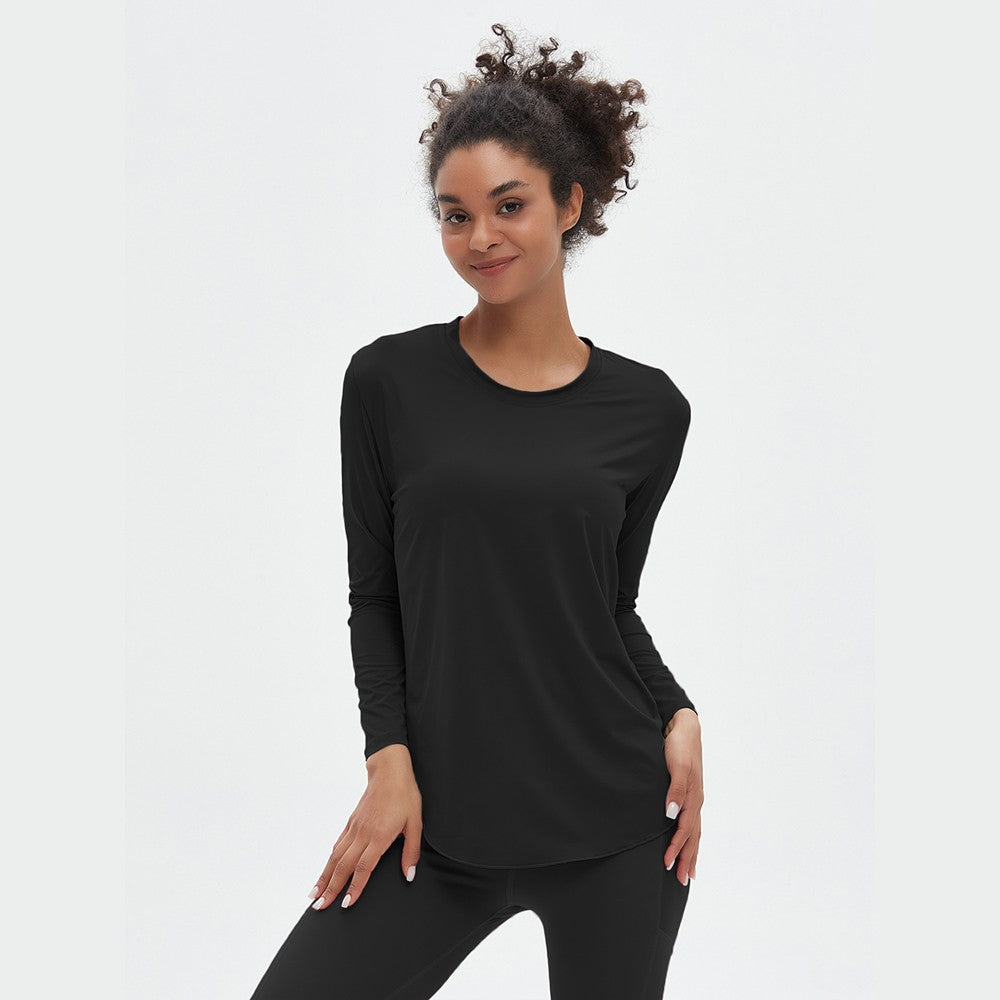 Quick drying Ice Silk Yoga Hoodie Round Neck Loose Breathable Coat Versatile Sports Long Sleeve T-shirt