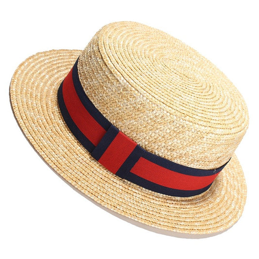 REHOOS Natural Wheat Straw Boater Fedora Top Flat Hat Women Summer Beach Flat Brim Cap Bowknot Ribbon For Holiday Party