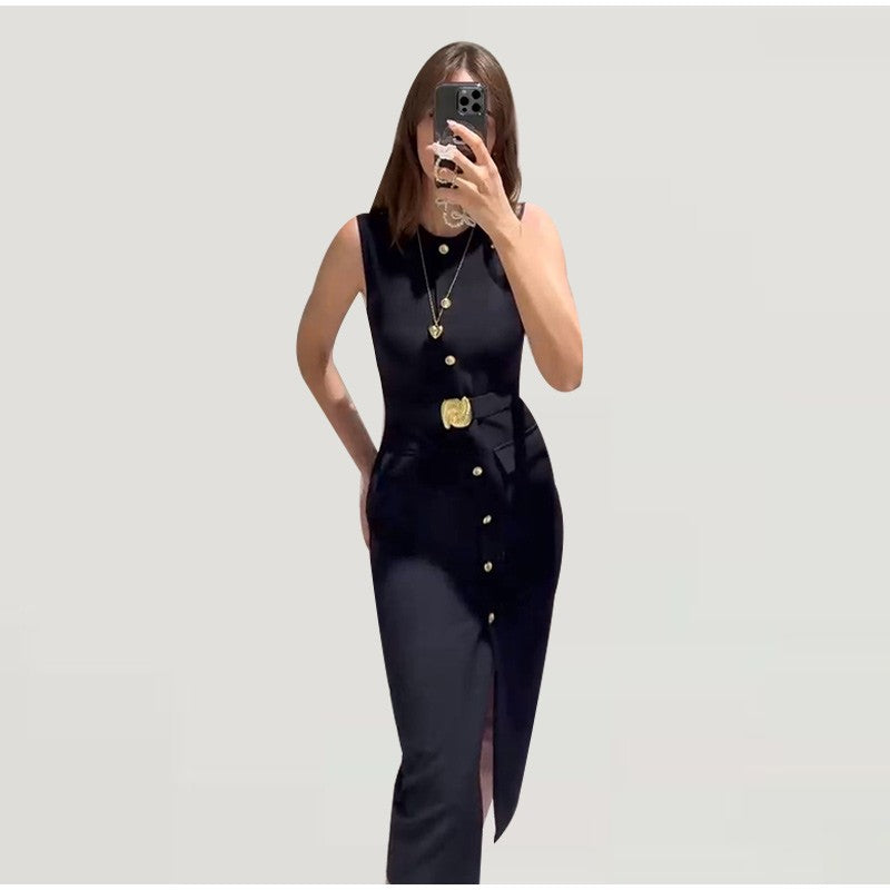 Elegant Midi Dress Woman O-neck Single Breasted Sleeveless Pocket Dresses Female