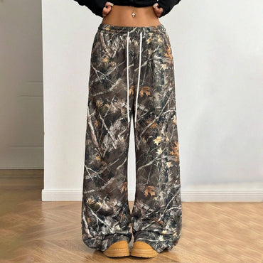 Women's Wide Leg Camo Pants Lightweight Elastic Waist Camouflage Print Loose Pants Trousers Y2K Vintage Streetwear