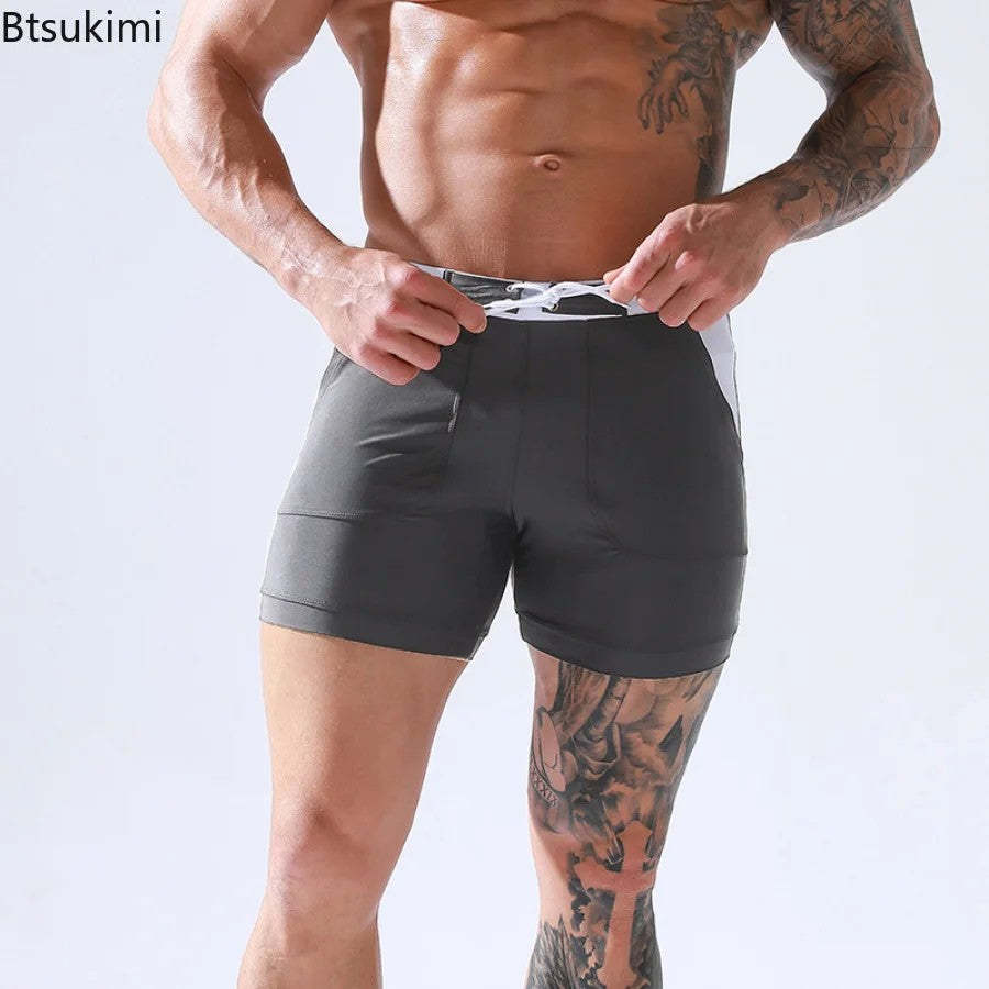 Men's Summer Swimwear Shorts Quick Dry Swimming Trunks Surf Board Solid Shorts Boxer Briefs Swimsuit Beach Sun Bathing Shorts