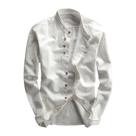 Japan Style Men Cotton Linen Shirt Long Sleeve Slim Fit Single-breasted Cardigan Shirt Harajuku Stand Collar Men Casual Shirts