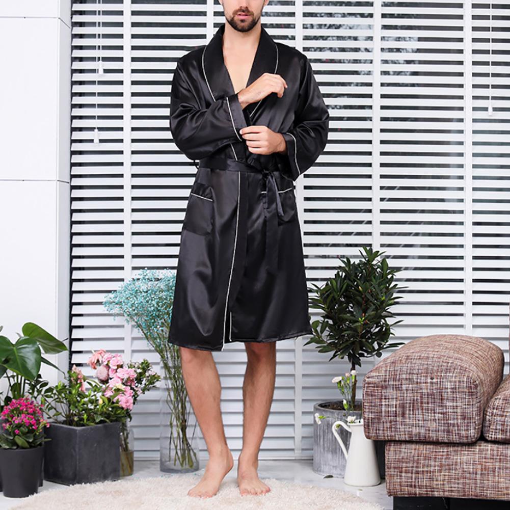 Summer Men Robe Imitation Silk with Pockets Waist Belt Bath Robe Home Gown Sleepwear