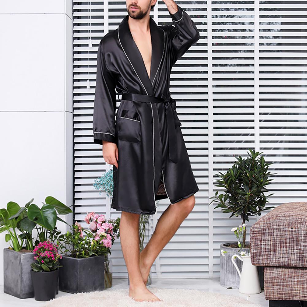 Summer Men Robe Imitation Silk with Pockets Waist Belt Bath Robe Home Gown Sleepwear