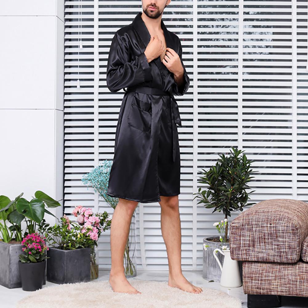 Summer Men Robe Imitation Silk with Pockets Waist Belt Bath Robe Home Gown Sleepwear
