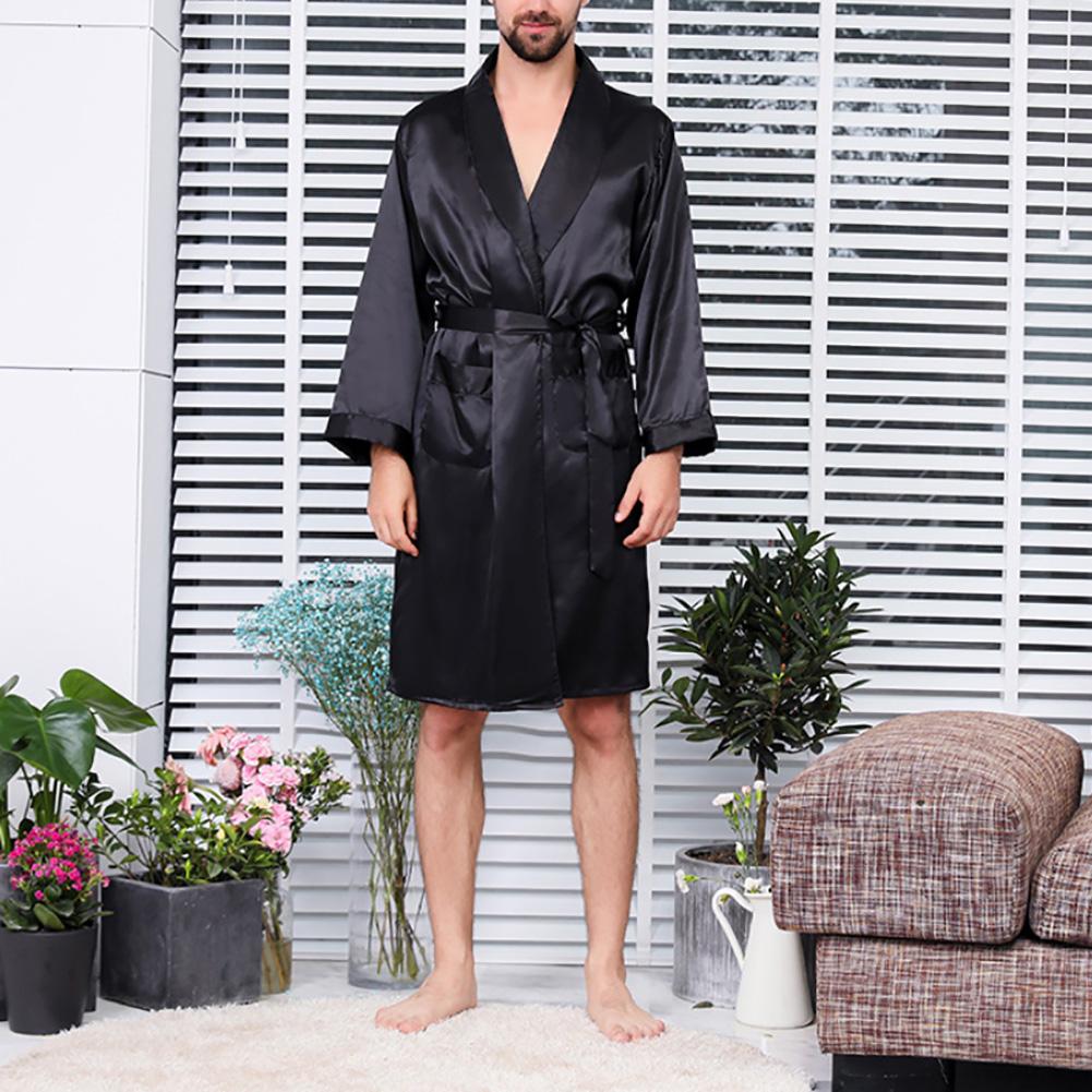 Summer Men Robe Imitation Silk with Pockets Waist Belt Bath Robe Home Gown Sleepwear