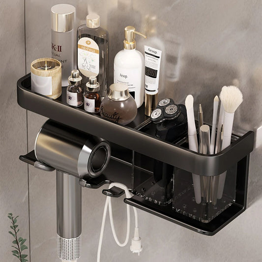 Wall Mounted Hair Dryer Holder Storage Shelf Hairdryer Rack Organizer Bathroom Accessories No-Drilling Shower Shelf Aluminum