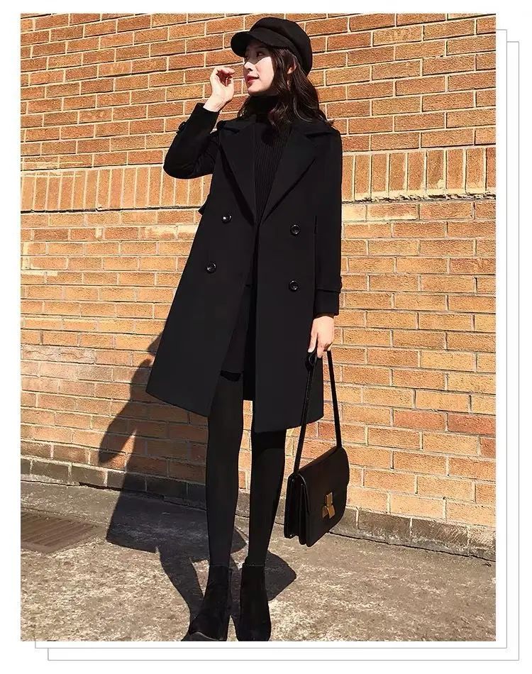 Plus Size Black Woolen Coat 2025 New Style Women's Autumn Winter Professional Mid-Length Trendy Polyester Fiber Suit Collar F...