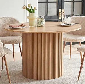 Round Dining Table for 4, Modern Farmhouse Kitchen Table, 47 Inch Small Circle Dining Tables, Walnut Wood Veneer Tabletop with W