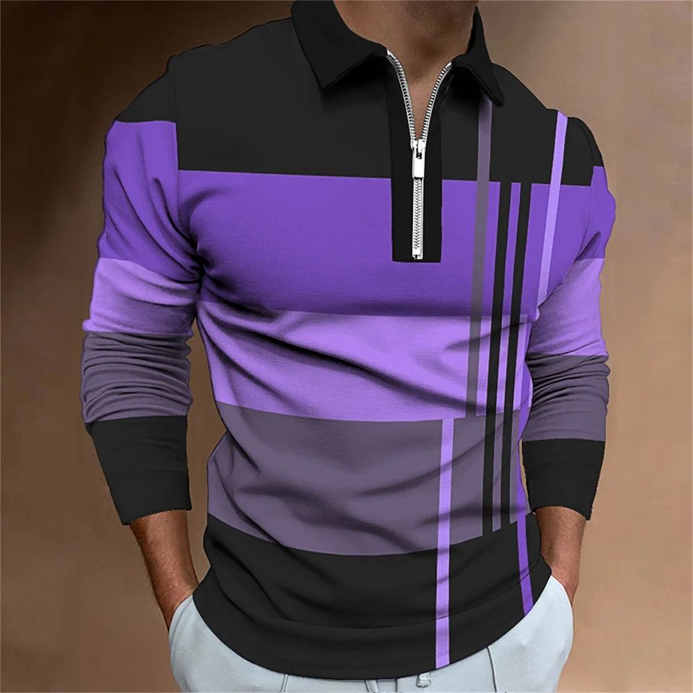 2025 autumn men's polo shirt long sleeved stand up collar patchwork printed top fashionable street casual T-shirt men's shirt