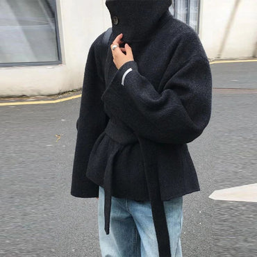 Woolen Solid Women Coat Fashion Belt Patchwork Lace Up Full Sleeve Lapel Lady Jacket 2025 Autumn Winter Female Loose Streetwear