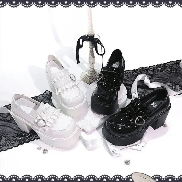 Sweet Heart-Shaped Buckle Lolita High Heels Pump Shoes for Women Y2k PU Leather Waterproof Platform Mary Janes Shoes