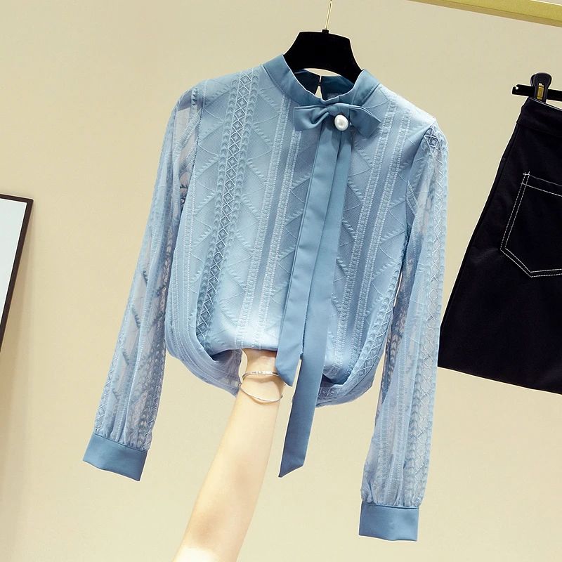 Women Blouse Shirt New Long Sleeve Stand Collar Elegant Lace-up Blouse Shirt Women Tops Blouses Shirts Blusas Camisas 2025 Q687