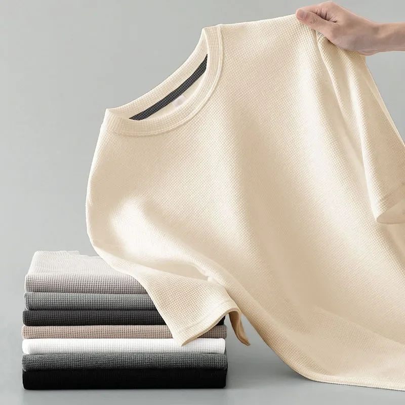 Korean Style Men Summer T-Shirt Man Short Sleeved Waffle Solid T-Shirt Color Casual Tee Round Men's Round Neck Fashion Top