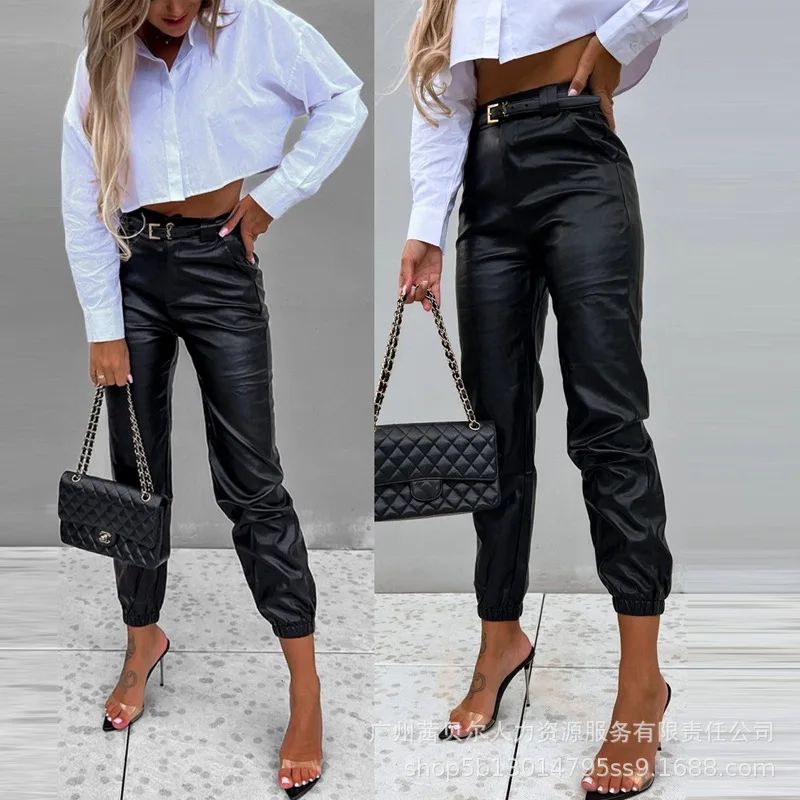 Mid Waist Pencil Leather Trousers Streetwear Black Ankle-Tied Pu Pants Women Summer Black Casual Pockets PU Pants