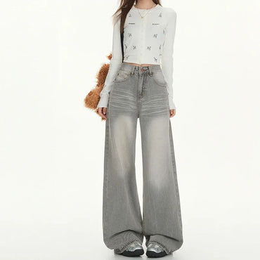 Gray American High Street Wide Leg Jeans Women Loose Drapey Slim Straight Floor-Length Pants High Waist Button Decoration
