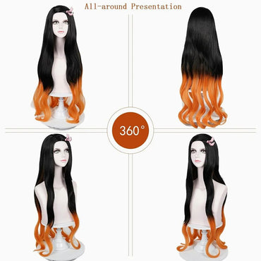 High-Quality Anime Demo Slaye Kamado Nezuko Cosplay Synthetic Hair 32-Inch Long Curly Hair Halloween Carnival Daily Party Wig