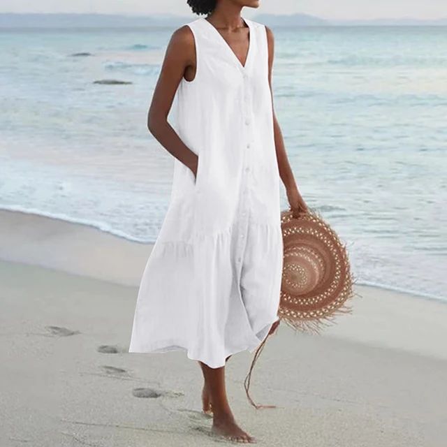 Summer Loose Casual Patchwork Cotton Linen Pocktes Dress V Neck Beach Style Dres