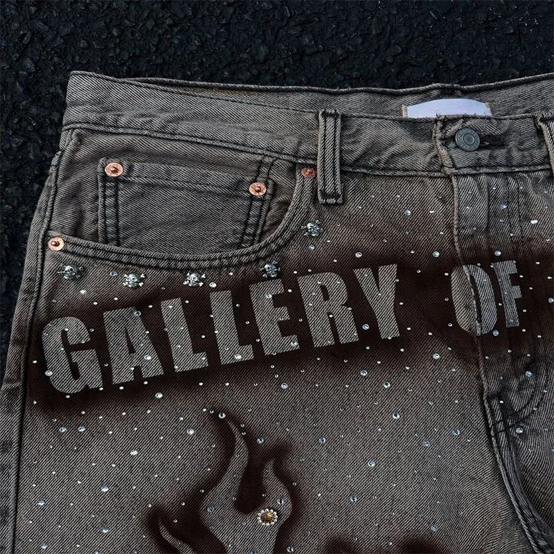 Goth Print Silk Jeans Men Shorts Street Harajuku Hiphop Vintage High Waited Denim Shorts of Men Clothing Casual Loose Pants Mens