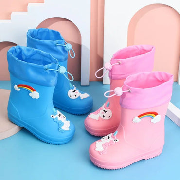 Children's Fleece-Lined Non-Slip Rain Boots For Boys And Girls Cartoon Cute Princess Style Anti-Slip Four Seasons Kids Shoes