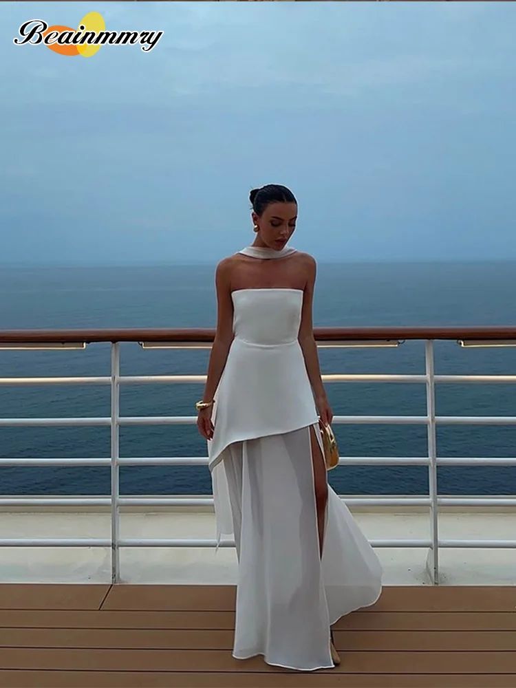 Fashion Strapless Ribbon Mesh Patchwork Maxi Dress Elegant Sleeveless Backless V