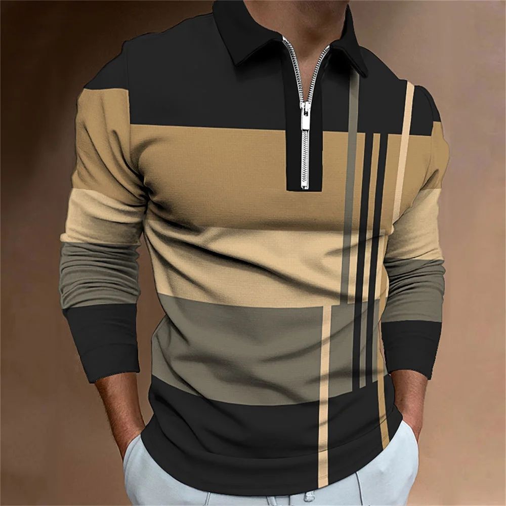 2025 autumn men's polo shirt long sleeved stand up collar patchwork printed top fashionable street casual T-shirt men's shirt