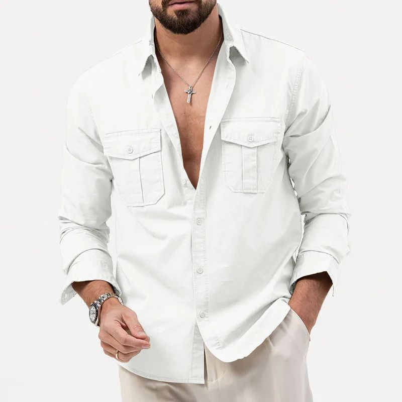 Army Green Tactical Cargo Shirts For Men Chest Two Pockets Long Sleeve Mens T-Shirt 2024 Trend Casual Loose Shirt Chemise Hombre