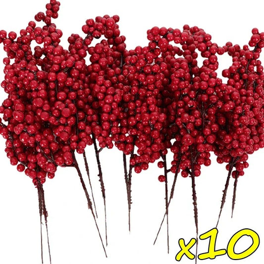 10pcs Artificial Berries Christmas Decoration Flowers Red Berry Branches Xmas Tree Party Home Table Ornament Red Wreath DIY