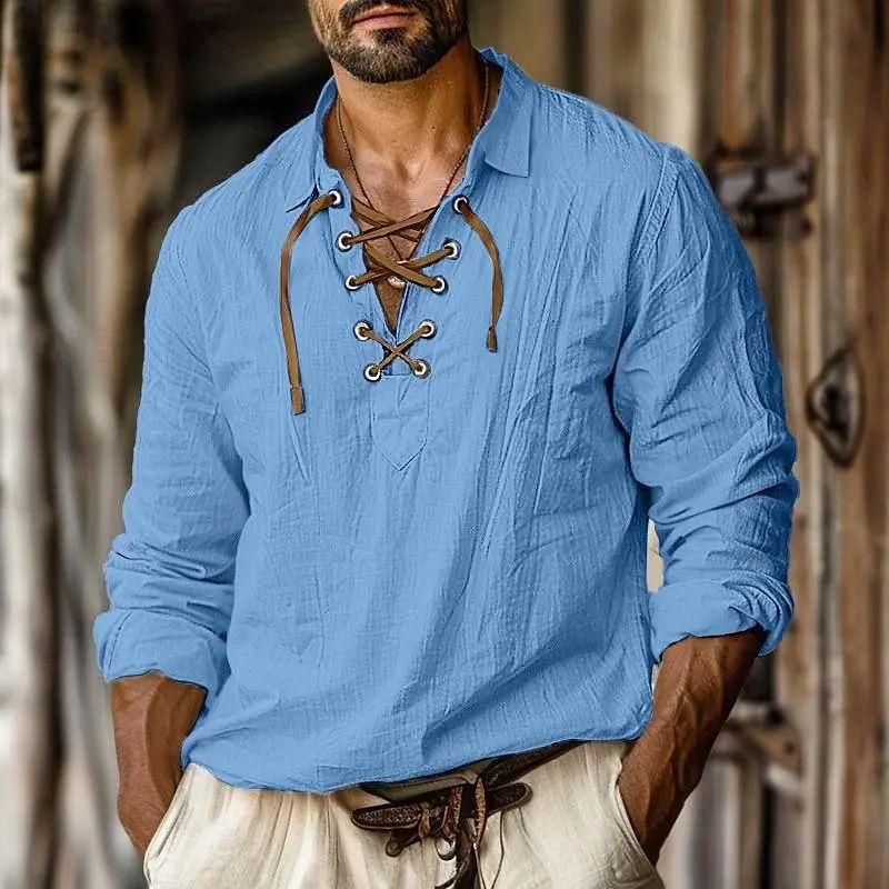2024 Men's Renaissance Shirt Pirate Medieval Viking Top Cotton Linen Shirts Casual Fashion V-neck Tie Up Long-sleeved Shirt