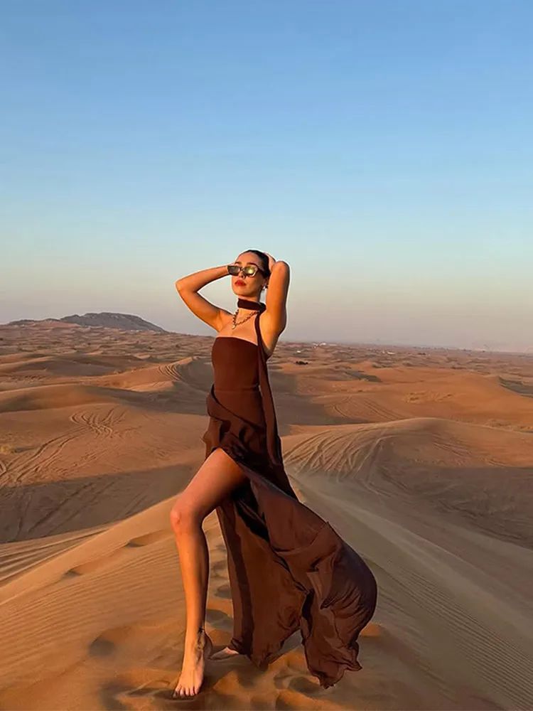 Fashion Strapless Ribbon Mesh Patchwork Maxi Dress Elegant Sleeveless Backless V