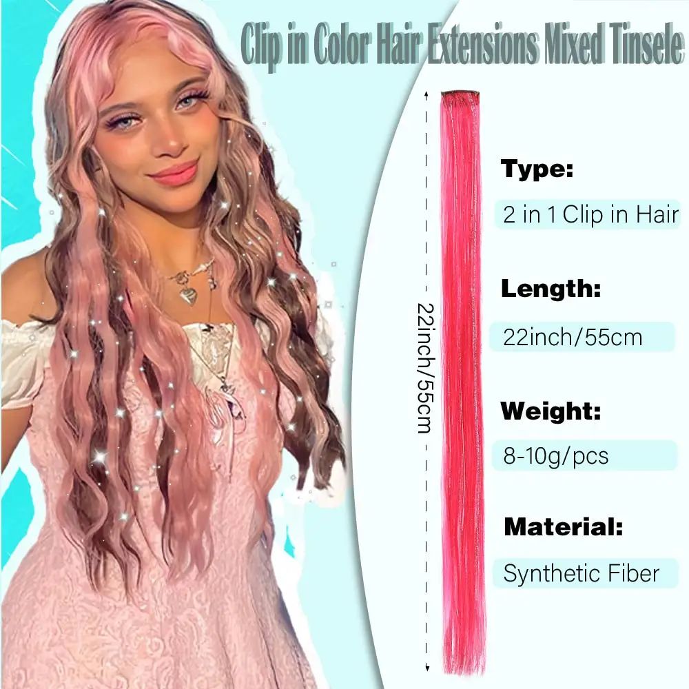 Extensões de Cabelo Sintéticas Rosa Choque com 6 Clipes, Mechas Metálicas, Extensões Coloridas de 55cm, Cabelo Arco-Íris 2 em 1