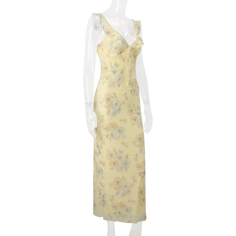 Retro V Neck Dresses Yellow Sleeveless Flower Print  Maxi Long Dress Elegant Hig