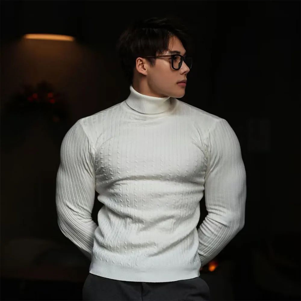 New Men's Turtleneck Sweaters Autumn Knitted Striped Streetwear Warm Long Sleeved Pullover Solid Color Basic Style Casual Tops