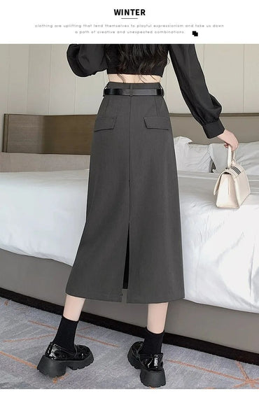 Grey High-waisted A- line Skirt Half Dress Petite Long Dress Autumn/winter For Women Side Slit Workwear