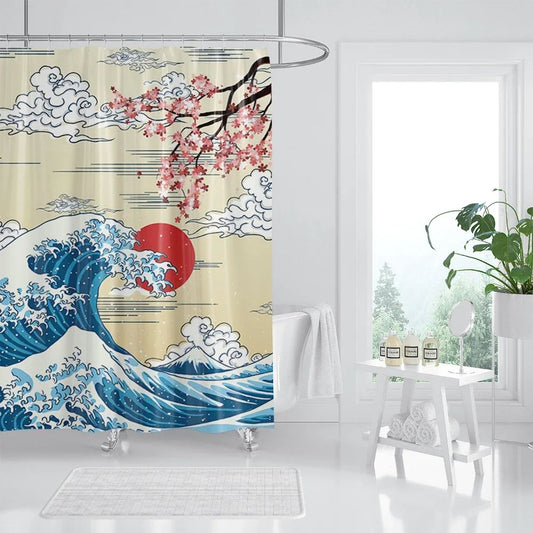 Japanese-style Waves Printing Shower Curtain with Hooks Home Decoration Bathroom Curtains 180x180cm Waterproof Polyester Fabric