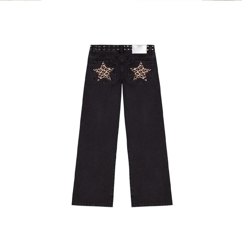 Spanish Street Fashion ONE DILEMMA Style Rivet Five-pointed Star Pattern White Jeans Women's Autumn Slim Straight Pants