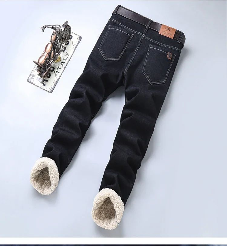 Calça Jeans Masculina de Inverno Forrada de Lã Grossa Sherpa Casual de Negócios Veludo Reta Masculina de Lã Pelúcia Clássica Elástica