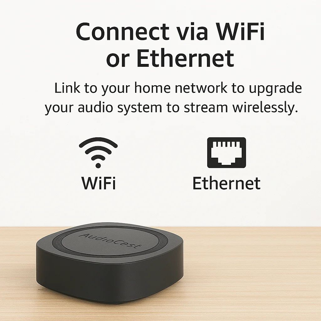 Audiocast Amp50 wireless WiFi & Bluetooth 5 amplifier audio receiver lossless multi room airplay, DLNA, UPnP tidal
