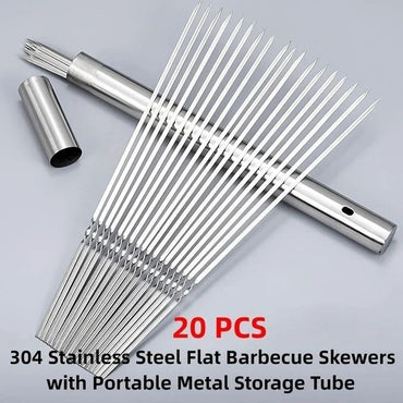 20Pcs Barbecue Skewer with Storage Tube Stainless Steel Reusable Flat BBQ Needle Stick for Outdoor Camping Party BBQ Accessories