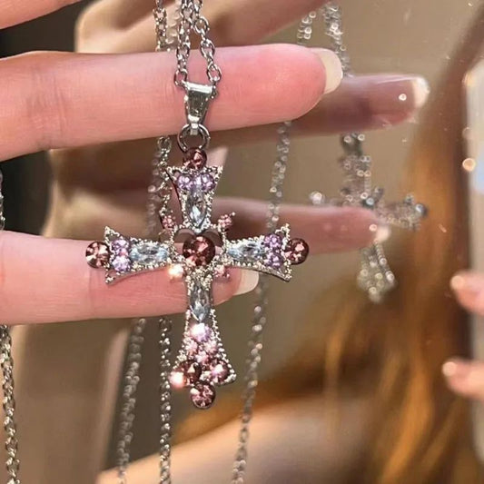 2025 New Y2K Punk Pink Purple Zircon Cross Necklace for Women Rhinestone Pendant Clavicle Chain Charm Party Jewelry Gifts