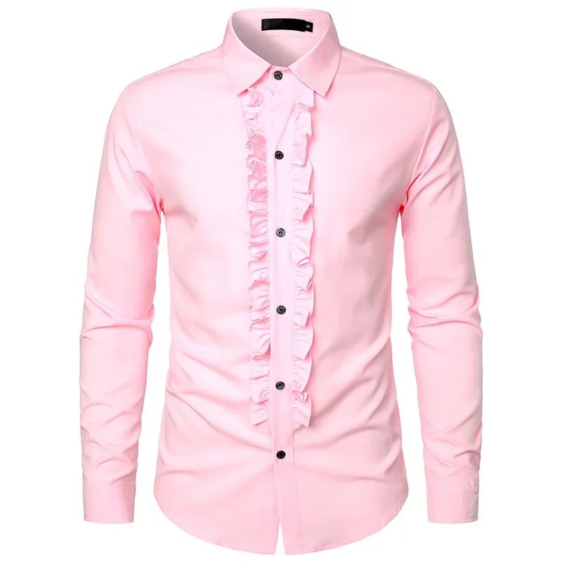 New 2025 Men's Long Sleeve Tuxedo Shirts Fashion Party Wedding Male Dress Shirts Ruffle Pleated Design Solid Shirt Chemise Homme