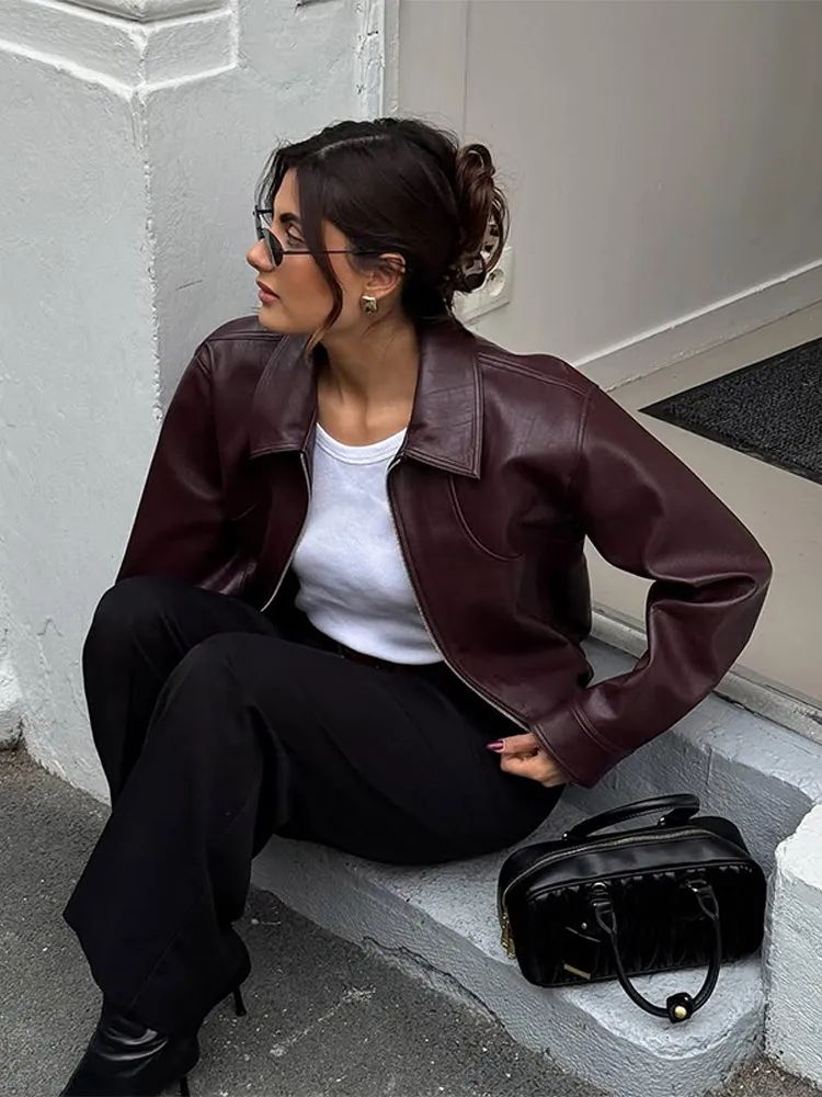 Full Sleeve Cropped Women Casual Slim Thin Motorcycle Coat Chic Zipper Lapel Wine Red Leather Jacket Lady New Highstreet Outwear