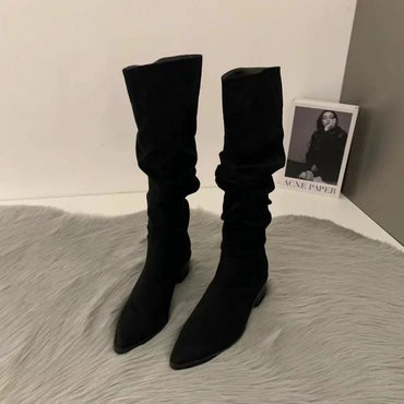 Women Knee High Boots Autumn Winter Female Shoes Fashion Female Slip-on Folds Low Heel Round Toe Flat Long Boots Botas De Mujer