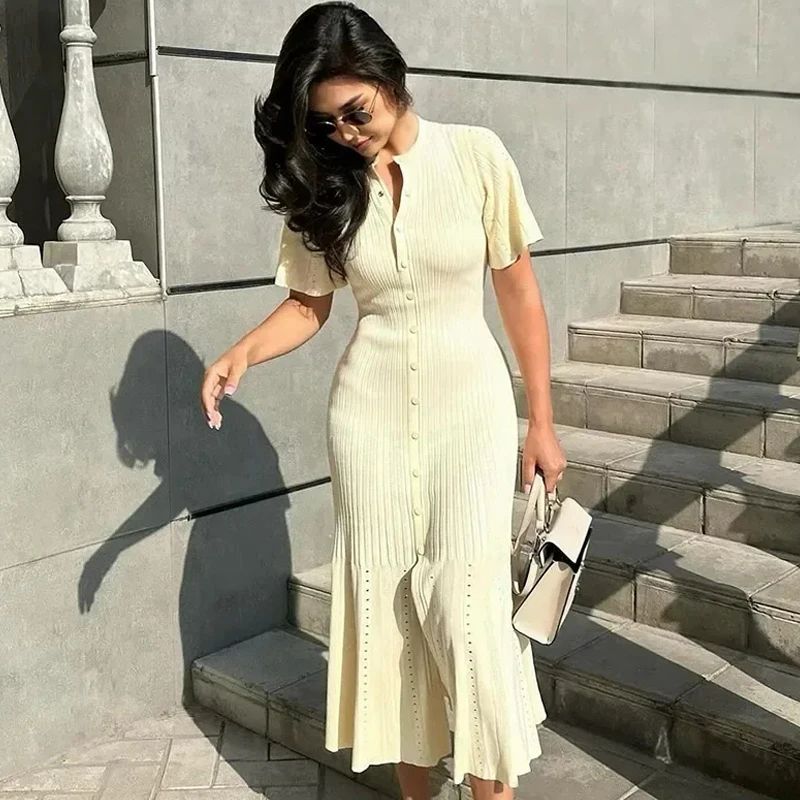 Elegant Knit Dress For Women White Slim O-neck Single Breasted Short Sleeve Long