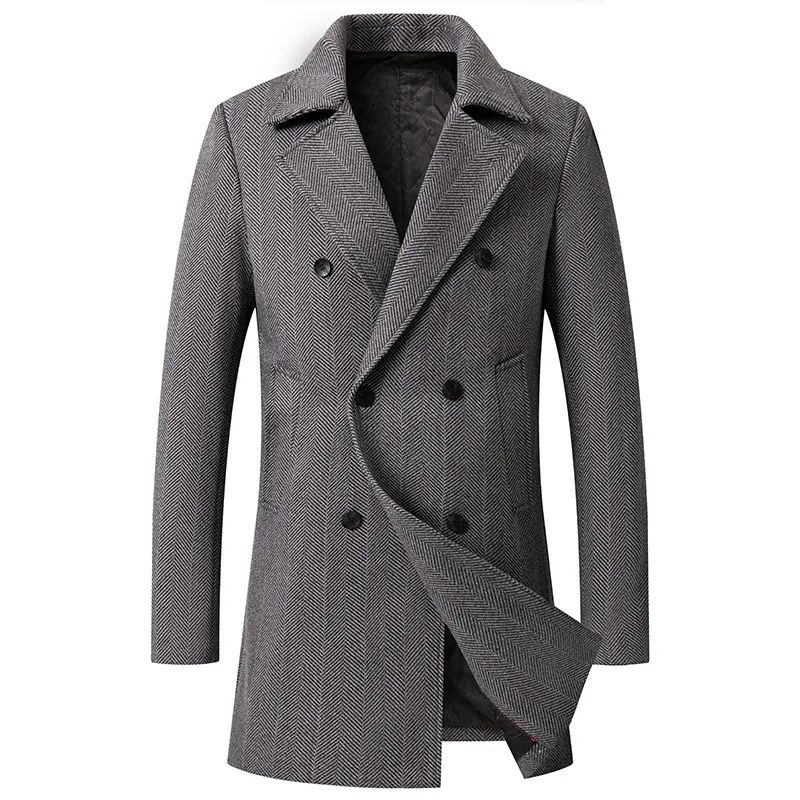 Men Wool Overcoat New Vintage Tweed Long Jackets Business Formal Male Suit Blazer Lapel Herringbone Costume Home