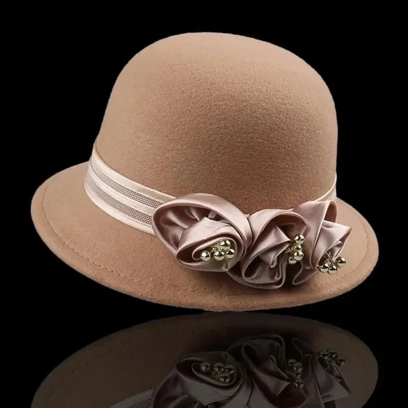 Autumn Winter NEW Wool Formal Hat Women’s Hat Church Hat Fisherman Hat Rose Blossoms Pearl Elegant Fashion Versatile